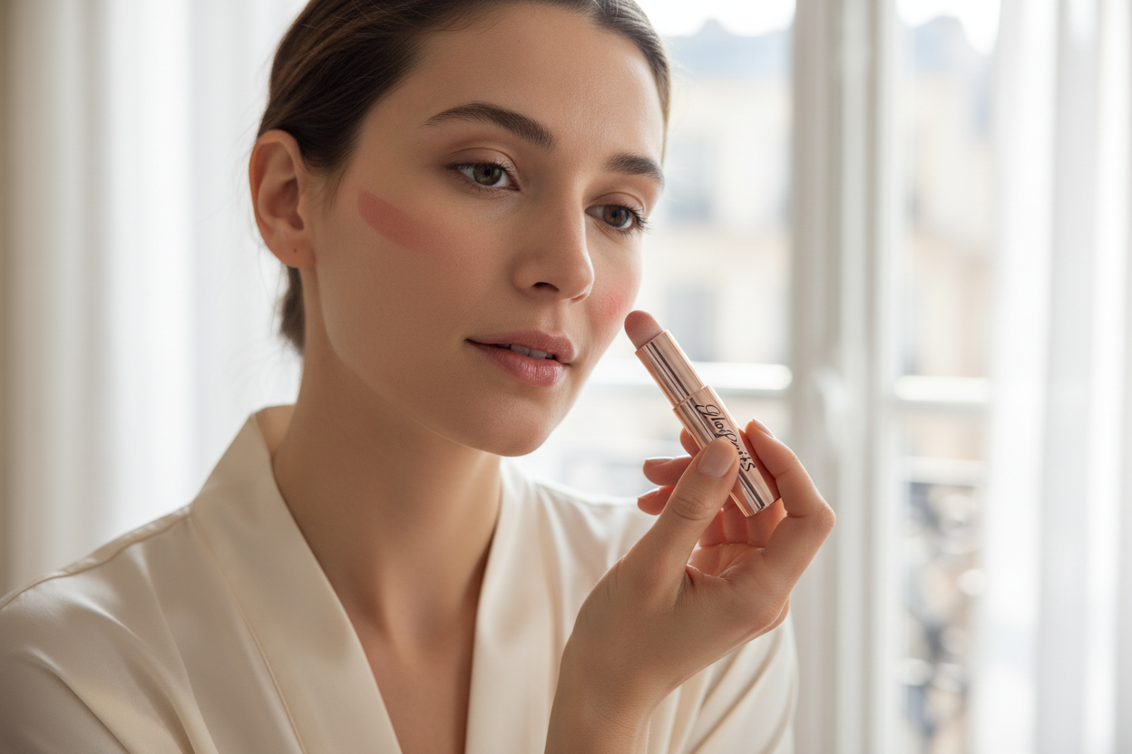 une femme se mettant du blush avec un stick GlowParis